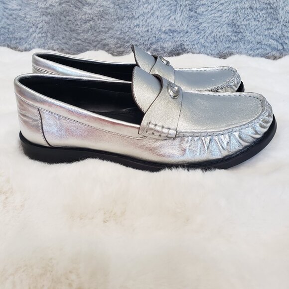 Coach Jolene Shiny Silver Metallic Penny Loafers Women's Sizes NEW Classic - Picture 7 of 12